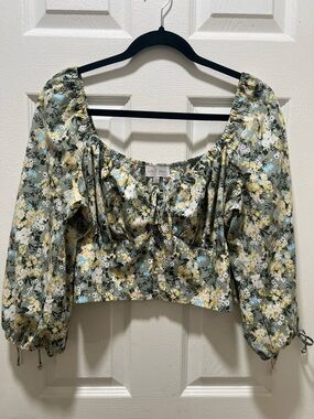 Love & Piece Collective Floral Cinch Crop Top Puff Sleeve Green Yellow XL